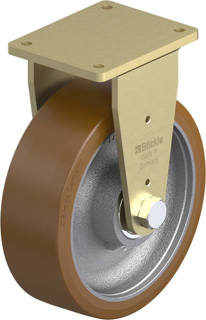 Schwenkrolle aus Metall mit braunem Rad, hergestellt von Blickle in Deutschland.