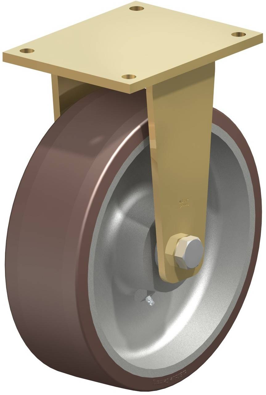 Industrierolle mit braunem Rad und Metallhalterung, geeignet für schwere Lasten.