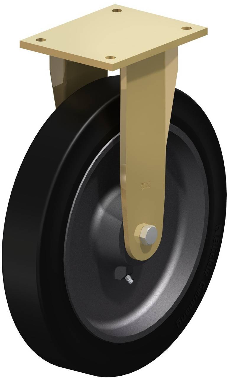 Industrie-Lenkrolle aus Metall mit schwarzem Rad und Montageplatte, geeignet für schwere Lasten und flexible Bewegungen.