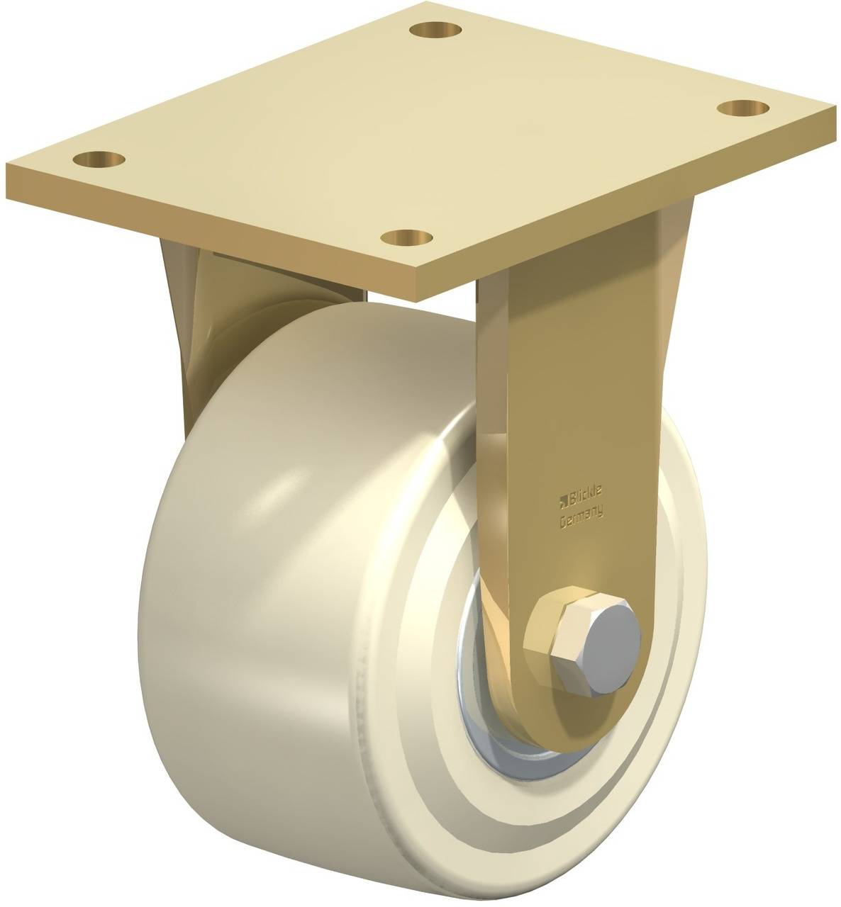 Einzelne drehbare Rolle mit goldener Metallhalterung und weißem Rad, geeignet für Möbel oder Geräte mit Bewegungsbedarf.