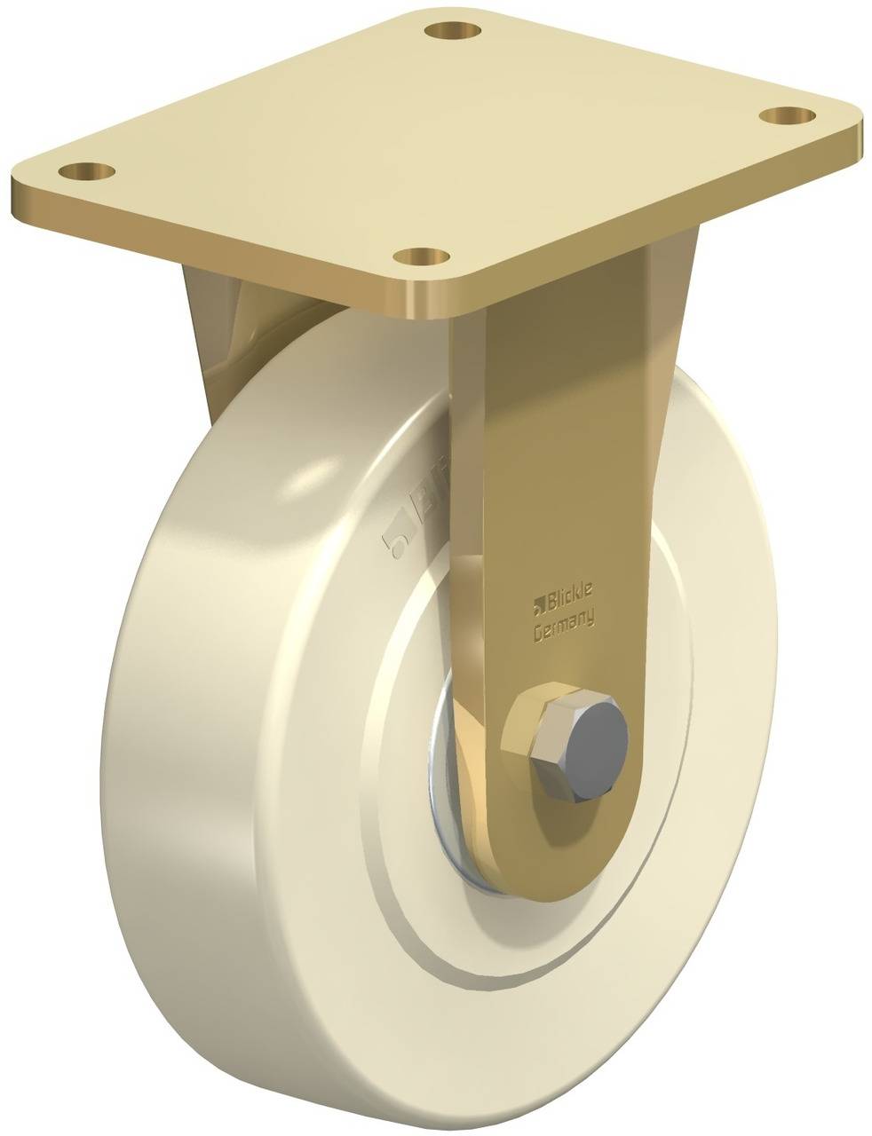 Rolle mit goldenem Gehäuse und weißem Rad. Geeignet für Möbel oder Geräte, die mobil sein sollen. Befestigungsmöglichkeit oben.