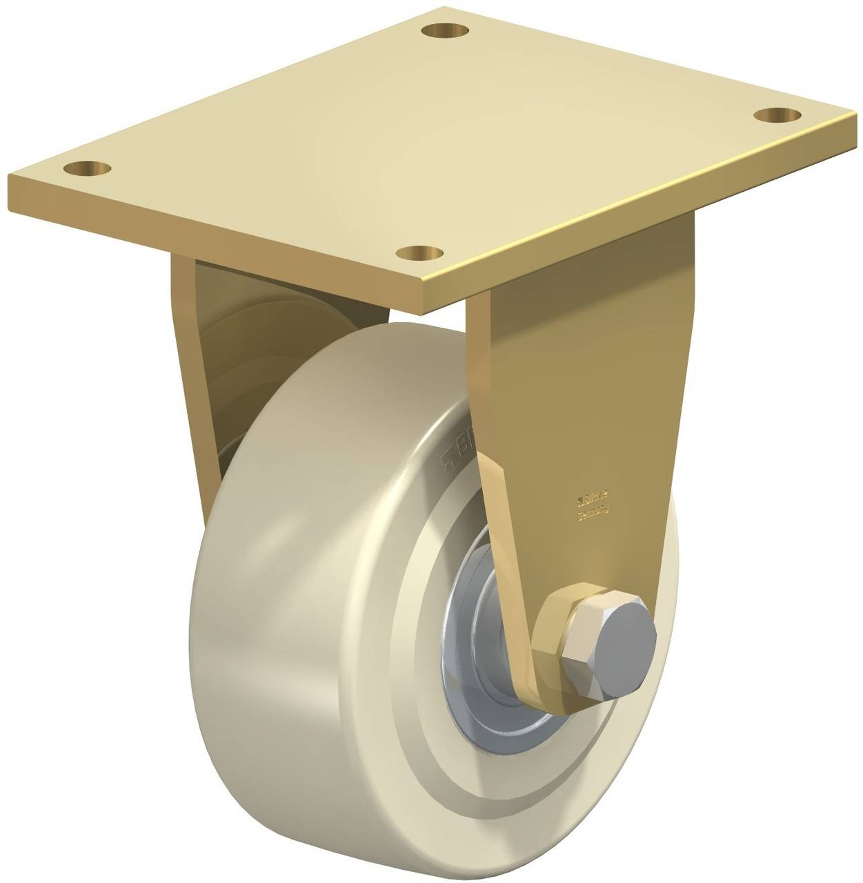 Ein drehbares Rad mit goldener Halterung und weißem Rad; dient zum Bewegen von Möbeln oder Geräten.