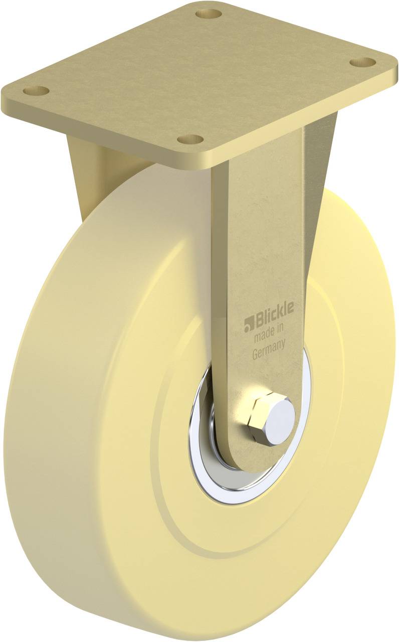 Beige Rolle mit rechteckiger Montageplatte und Achse. Label 'Blickle, made in Germany' sichtbar. Geeignet für Möbel- oder Gerätebewegung.