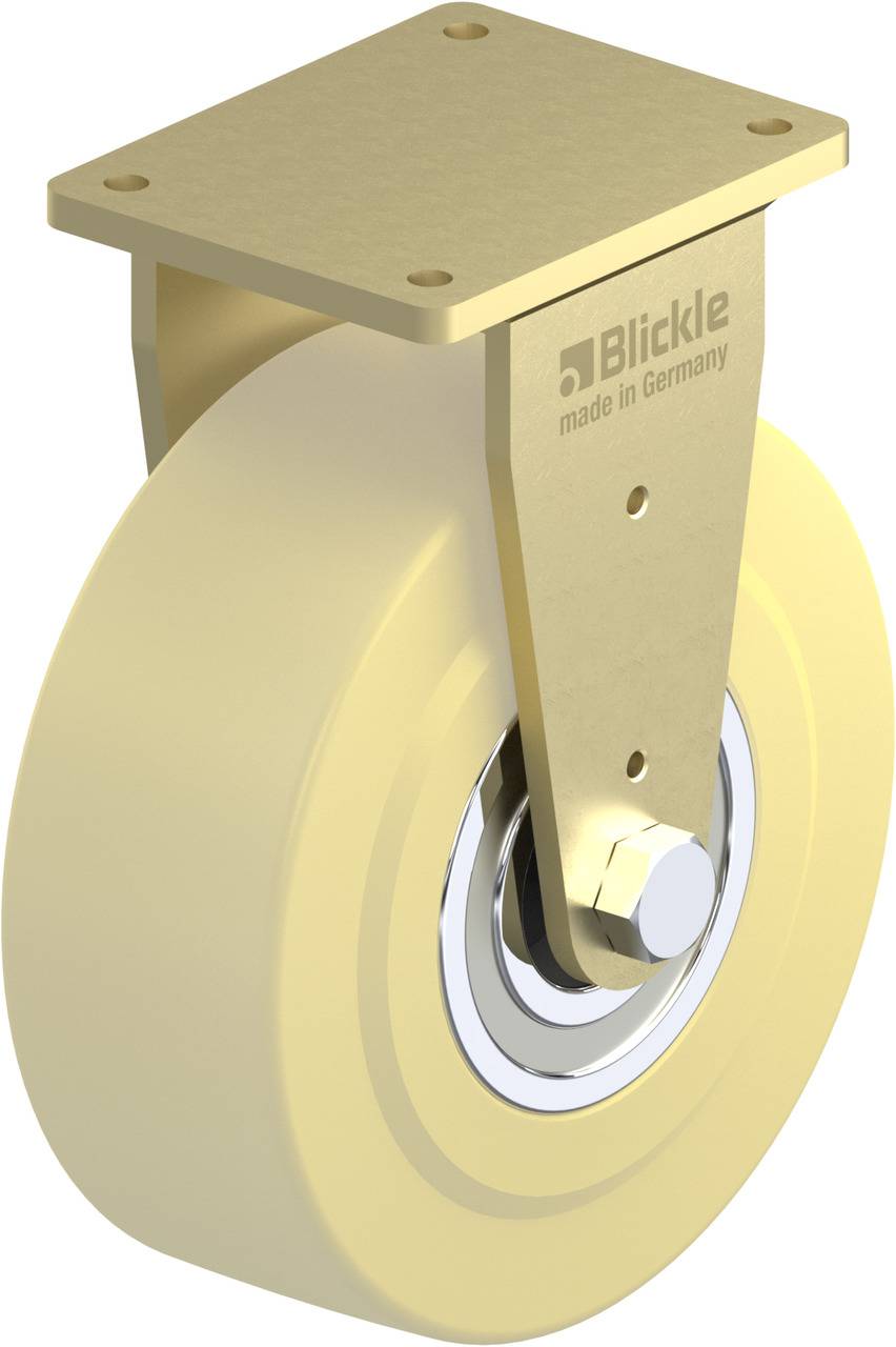 Gelbes Rad mit Metallhalterung, Herstelleraufschrift 'Blickle, made in Germany'. Geeignet für Transportwagen oder ähnliche Geräte.