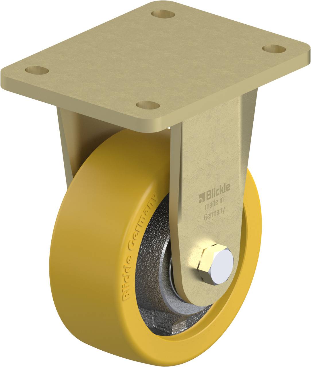 Schwenkrolle mit gelbem Rad und rechteckiger Befestigungsplatte. Aufschrift auf der Rolle: 'Blickle made in Germany'.