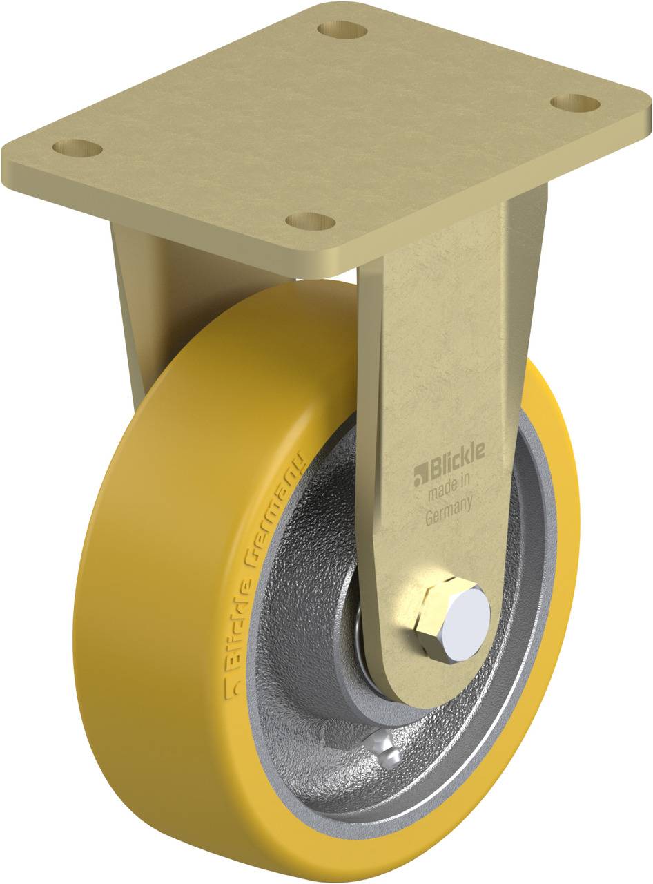 Industrie-Lenkrolle mit gelbem Rad, Metallgehäuse und Montageplatte. Hergestellt von Blickle, Made in Germany.