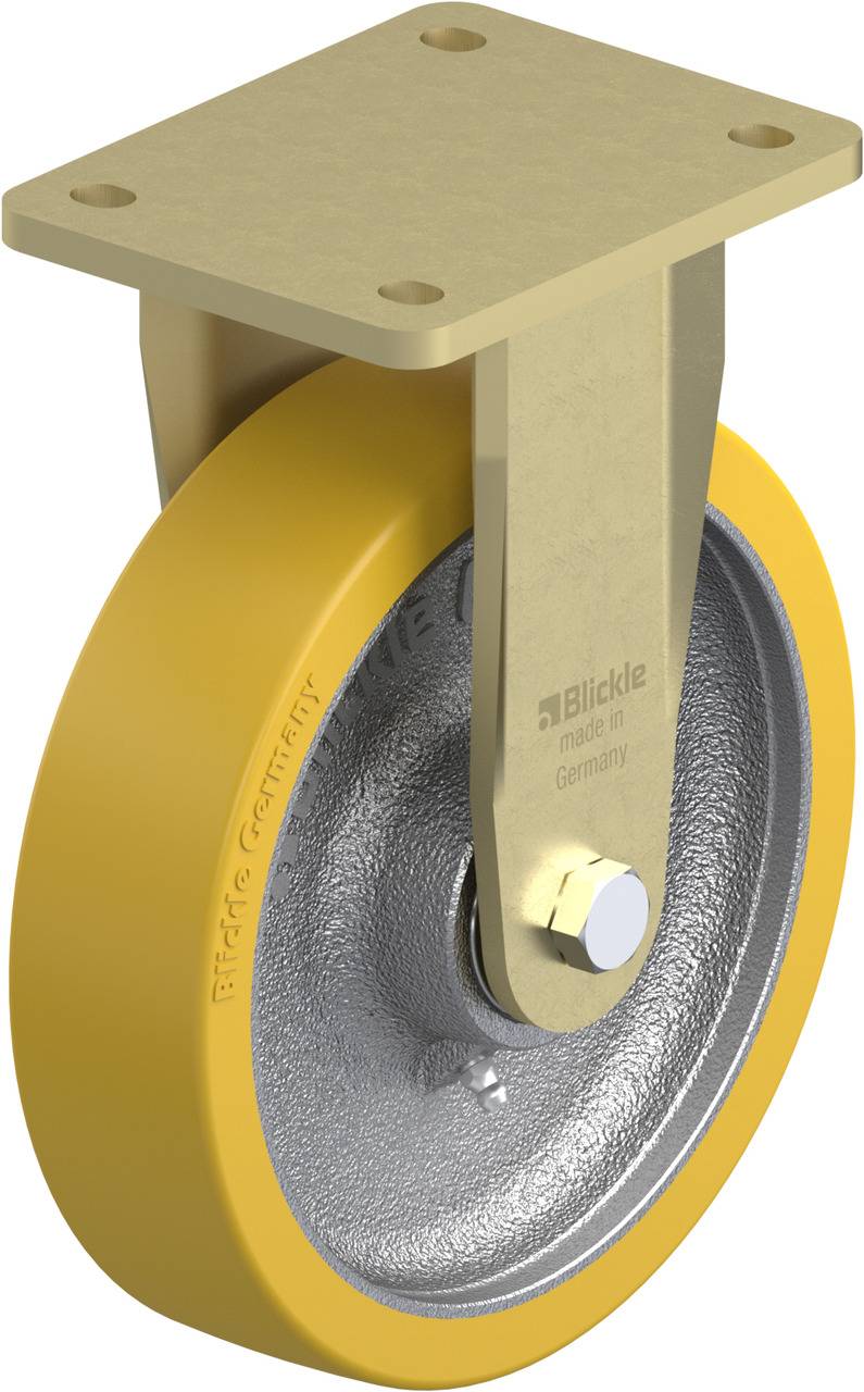 Industrielles Rad mit gelbem Außenring und metallischem Halter, geeignet für schwere Lasten. Aufschrift: Blickle, made in Germany.