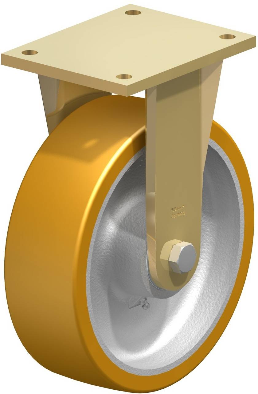 Blick auf ein Industrie-Lenkrollenrad mit gelbem Rad und silbernem Metallgehäuse. Es hat eine quadratische Befestigungsplatte.