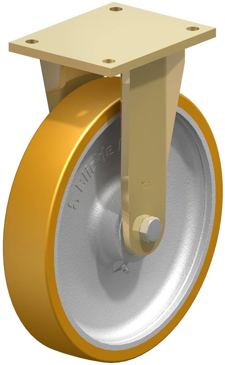 Ein Industrie-Schwerlastrad mit gelbem Reifen und Metallbefestigung, geeignet für den Einsatz an Geräten oder Transportwagen.