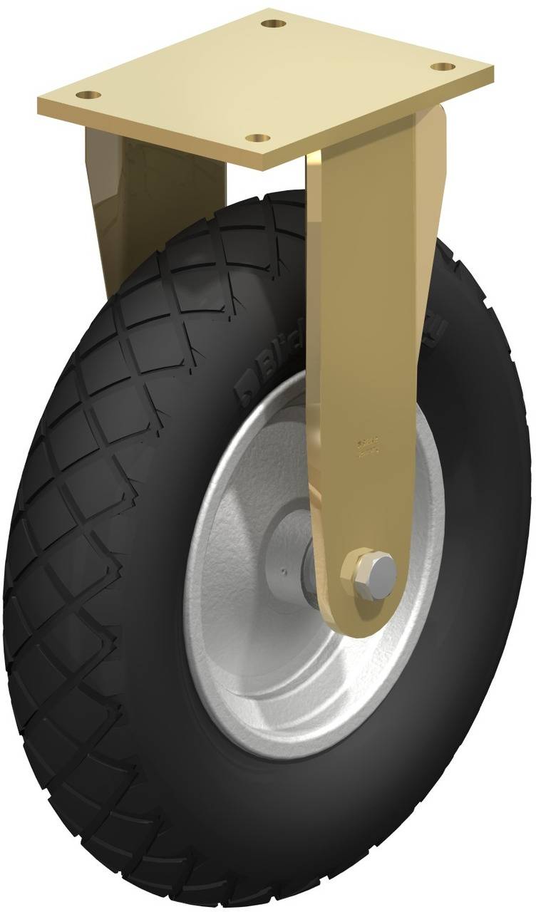 Ein schwarzes Rad mit Profil, befestigt an einer goldenen Metallhalterung. Geeignet für schwere Anwendungen auf ebenen Flächen.