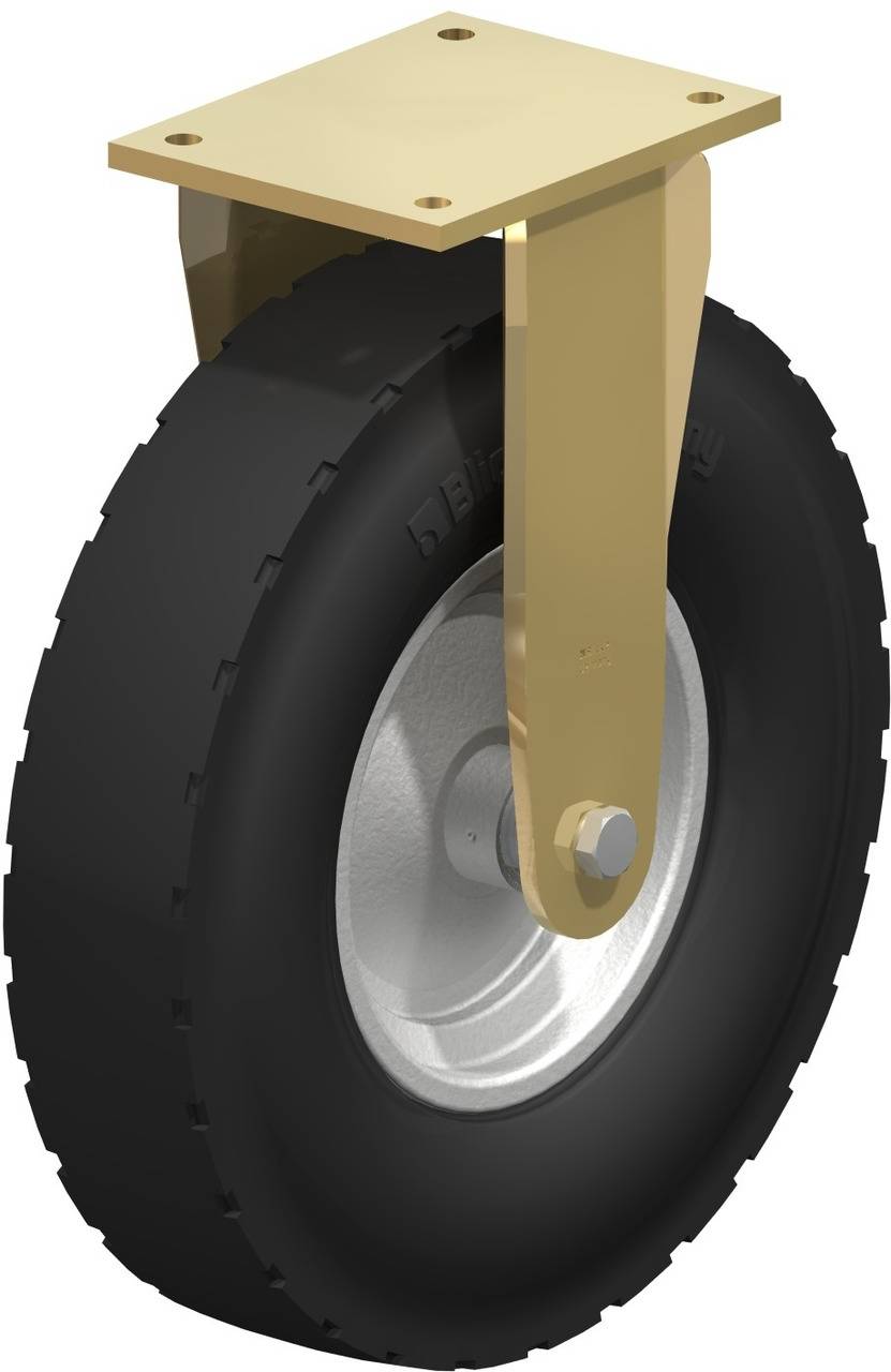 Industrielles Laufrollenrad aus Gummi mit goldfarbener Halterung, geeignet für Rollwagen oder Maschinen.