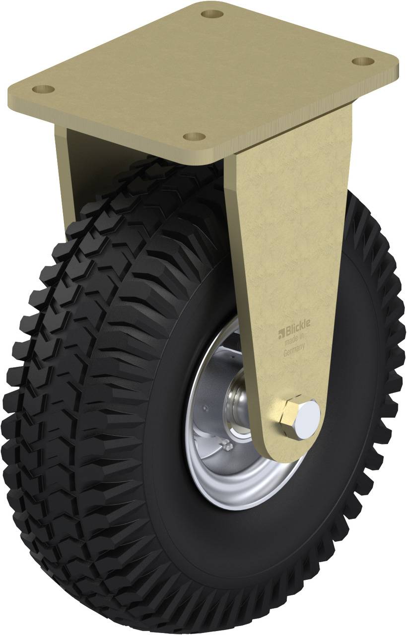 Schwenkrolle mit schwarzem, luftgefülltem Rad und goldener Halterung, geeignet für schwere Lasten auf unebenem Gelände.
