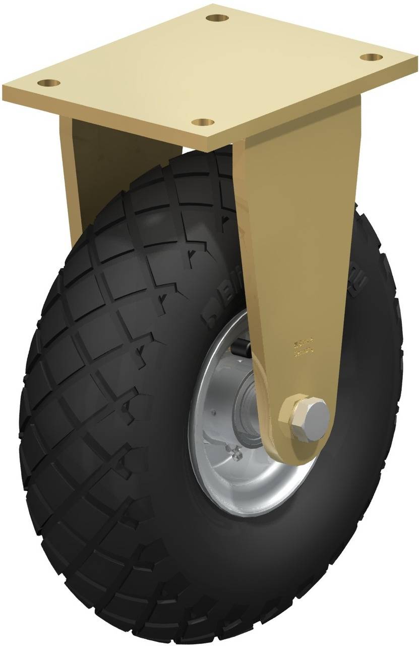 Schwenkrolle mit schwarzem, robustem Reifen und gelbem Befestigungsblech, geeignet für industrielle Anwendungen.