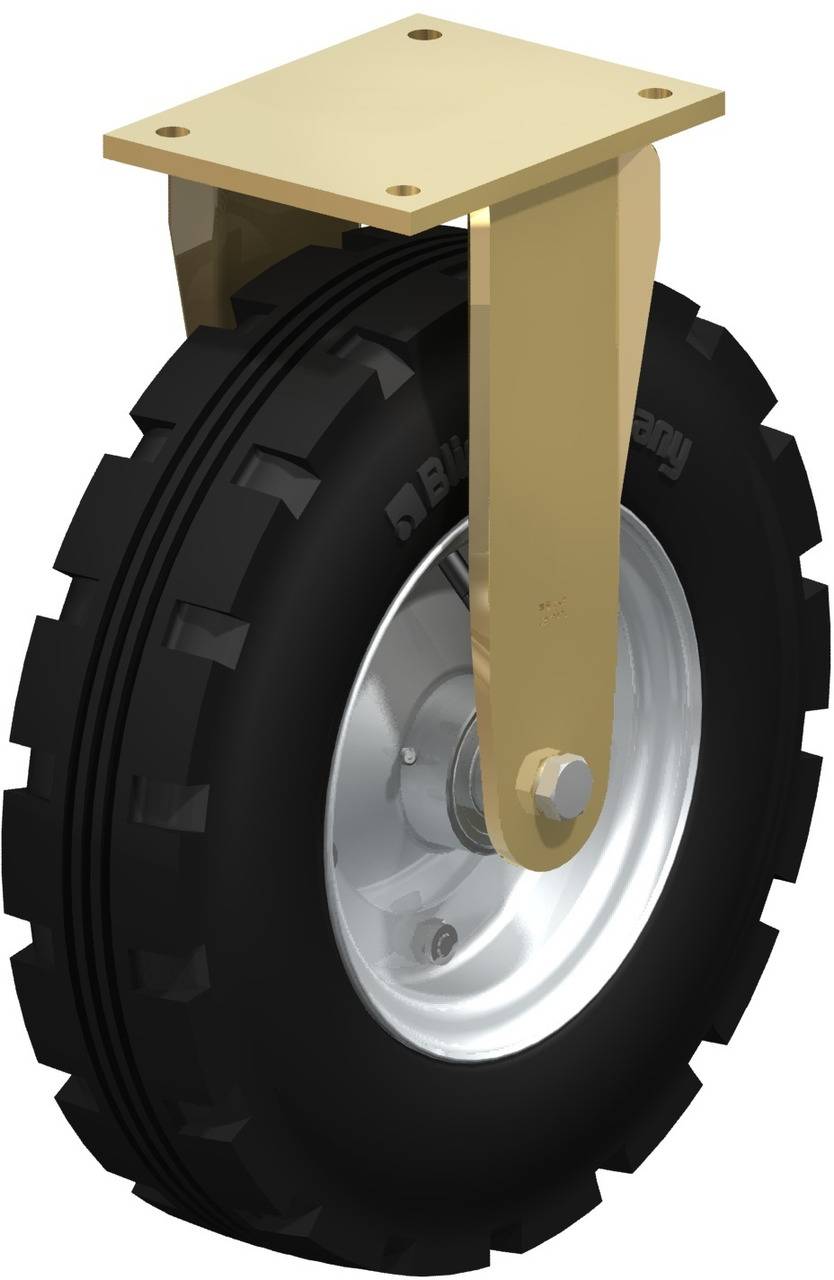 Industrielles Schwerlast-Rad mit schwarzem Gummireifen, silberner Felge und goldener Metallhalterung zur Befestigung.