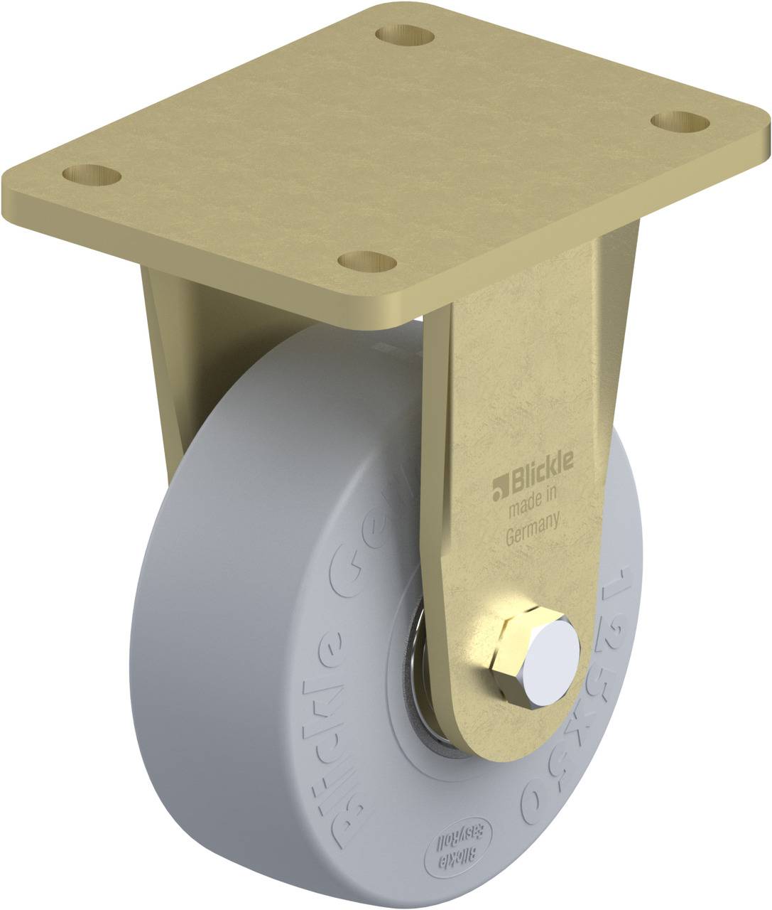 Ein Schwerlastrad mit robustem Metallgehäuse und grauem Rad, geeignet für industrielle Anwendungen, hergestellt in Deutschland.