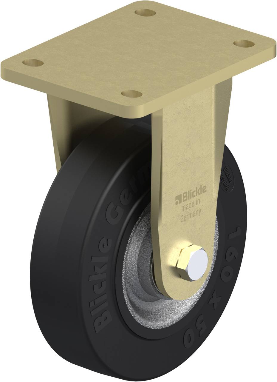 Schwenkrolle aus Metall mit schwarzem Rad. Geeignet für schwere Lasten und industrielle Anwendungen. Beschriftung: 'Blickle Germany'.