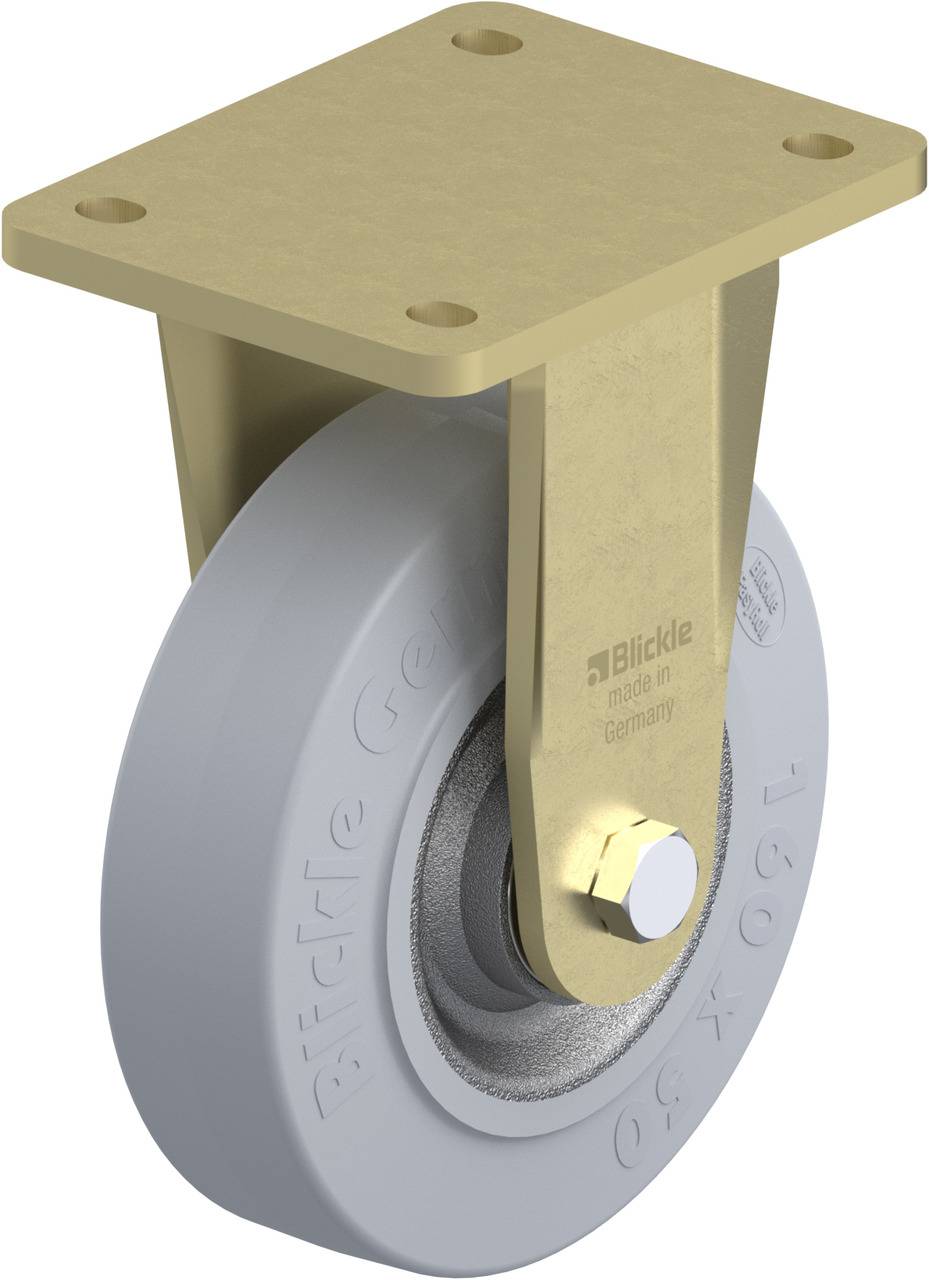 Ein drehbares Rad mit Befestigungsplatte, beige Halterung und grauem Gummi-Rad. Aufschrift: 'Blickle, made in Germany'.