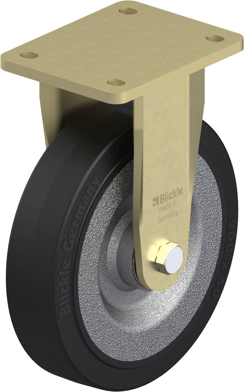 Schwenkrolle mit schwarzem Gummirad und gelbem Gehäuse. Marke: Blickle. Geeignet für industrielle Anwendungen.