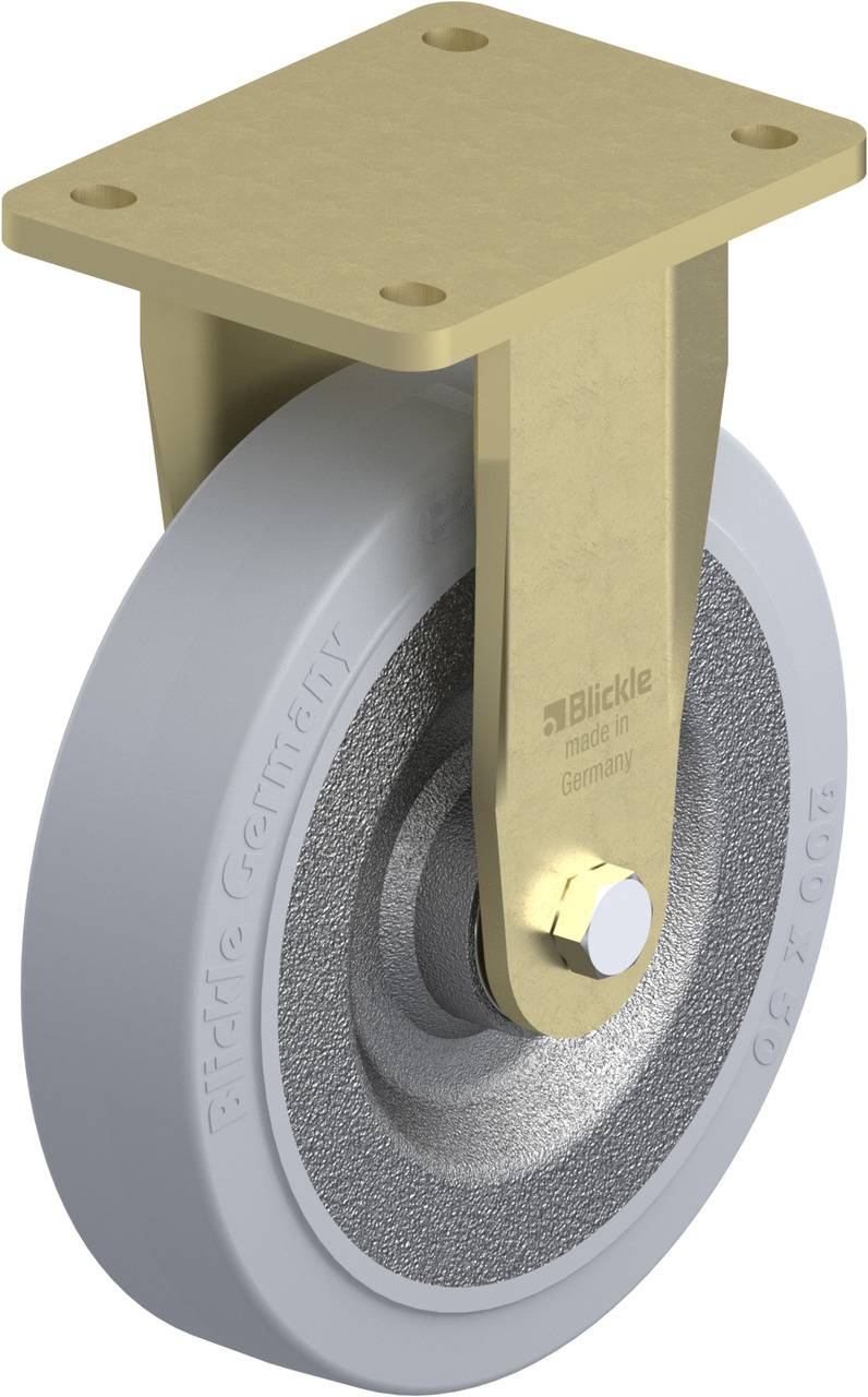 Industrie-Rolle aus Metall, befestigt an einer goldfarbenen Halterung, mit einem grauen, robusten Rad, geeignet für schwere Lasten.