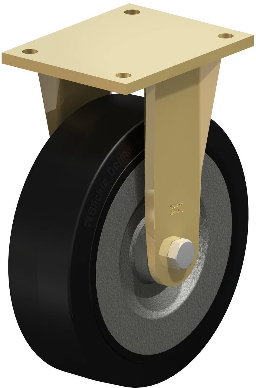Schwenkbares Rad mit schwarzem Reifen und metallischer Befestigungshalterung, geeignet für schwere Lasten und industrielle Anwendungen.