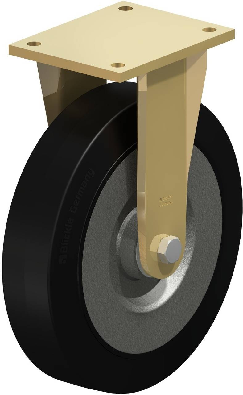 Abbildung eines Schwenkrads mit schwarzem Reifen und Metallhalterung, das zur Bewegung von Transportgeräten verwendet wird.