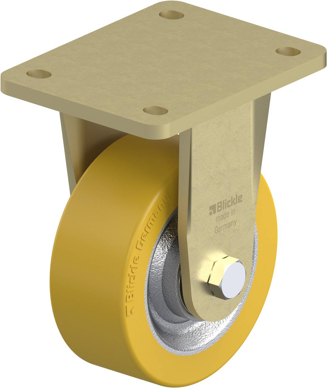 Ein starrer gelber Schwerlast-Lenkrolle mit Metallhalterung und rechteckiger Montageplatte. Geeignet für industrielle Anwendungen.