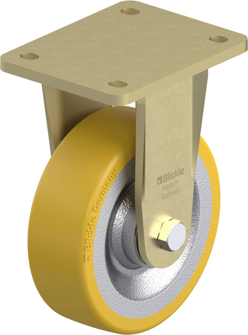 Ein gelbes Rad auf einer Metallrolle mit einer Befestigungsplatte. Das Rad hat die Aufschrift 'Blickle made in Germany'.