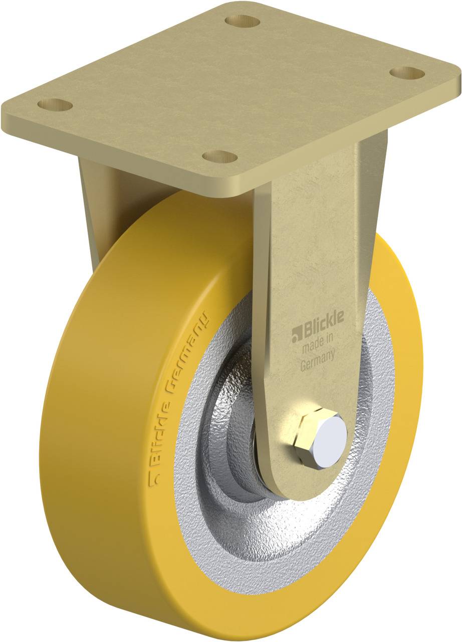 Ein gelbes Schwerlast-Lenkrollenrad mit Metallträger und rechteckiger Montageplatte, hergestellt von Blickle in Deutschland.