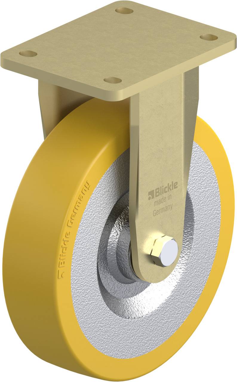 Ein gelbes Rad mit Metallplatte und Befestigungshalterung. Auf der Halterung steht 'Blickle made in Germany'.