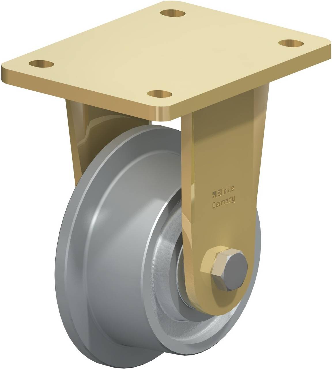 Schwenkrolle aus Metall mit rechteckiger Befestigungsplatte. Geeignet für industrielle Anwendungen.
