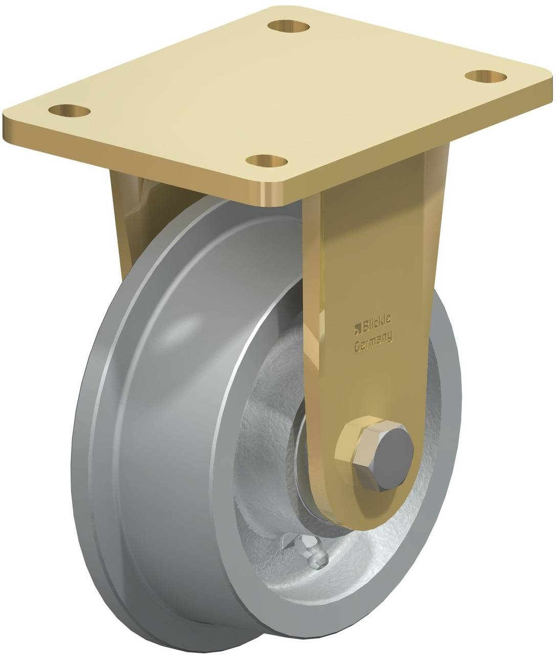 Goldenes Gehäuse mit silbernem Rad, vermutlich eine Rolle oder Stützrad für Möbel oder Geräte.