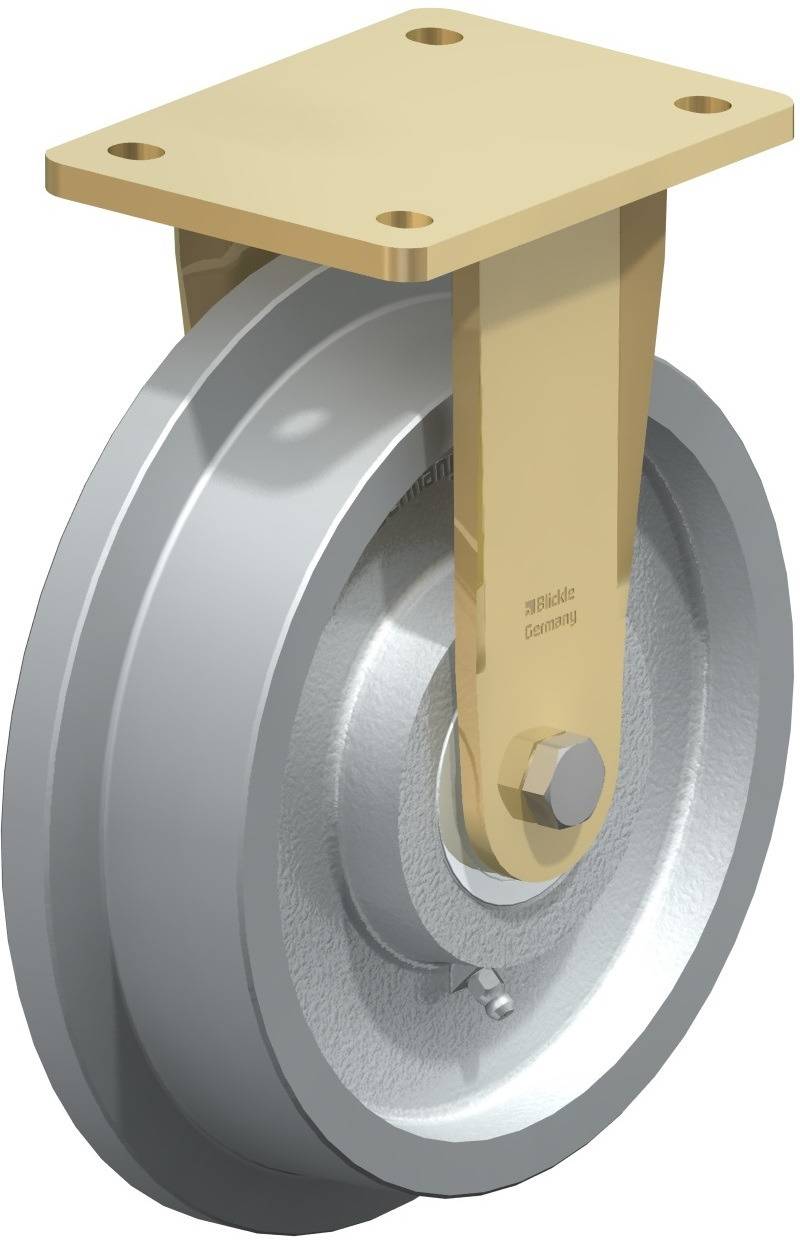 Ein robustes Rad mit Metallrahmen und Befestigungsplatte, geeignet für schwere Lasten. Oberflächen in Silber und Gold gehalten.