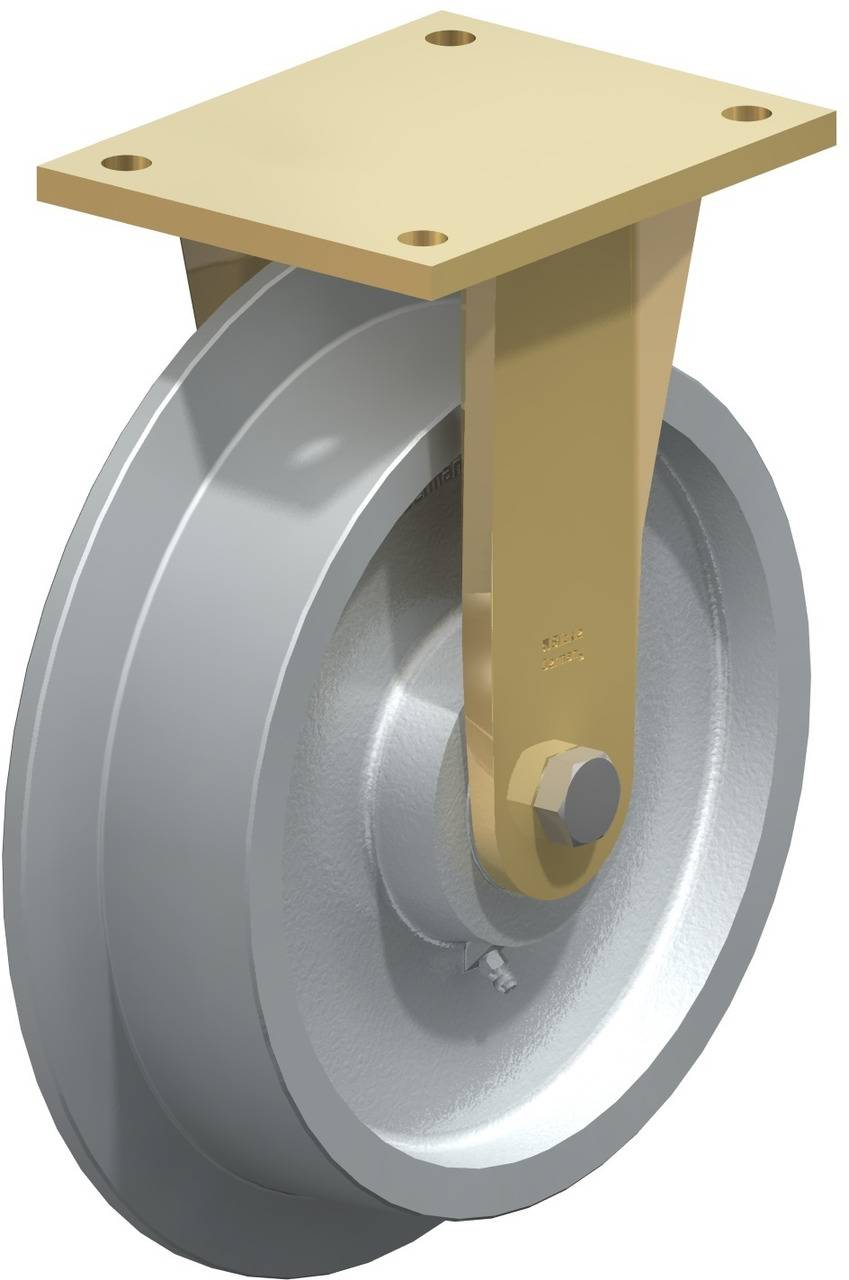 Ein einzelnes Industrierad mit Metallplatte zur Befestigung, geeignet für schwere Lasten oder Maschinen.