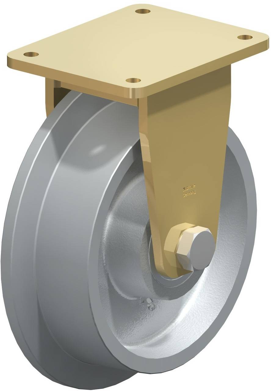 Ein einzelnes graues Rad mit gelber Halterung, wahrscheinlich ein Industrierad für schwere Lasten. Die Halterung hat vier Schraubenlöcher.