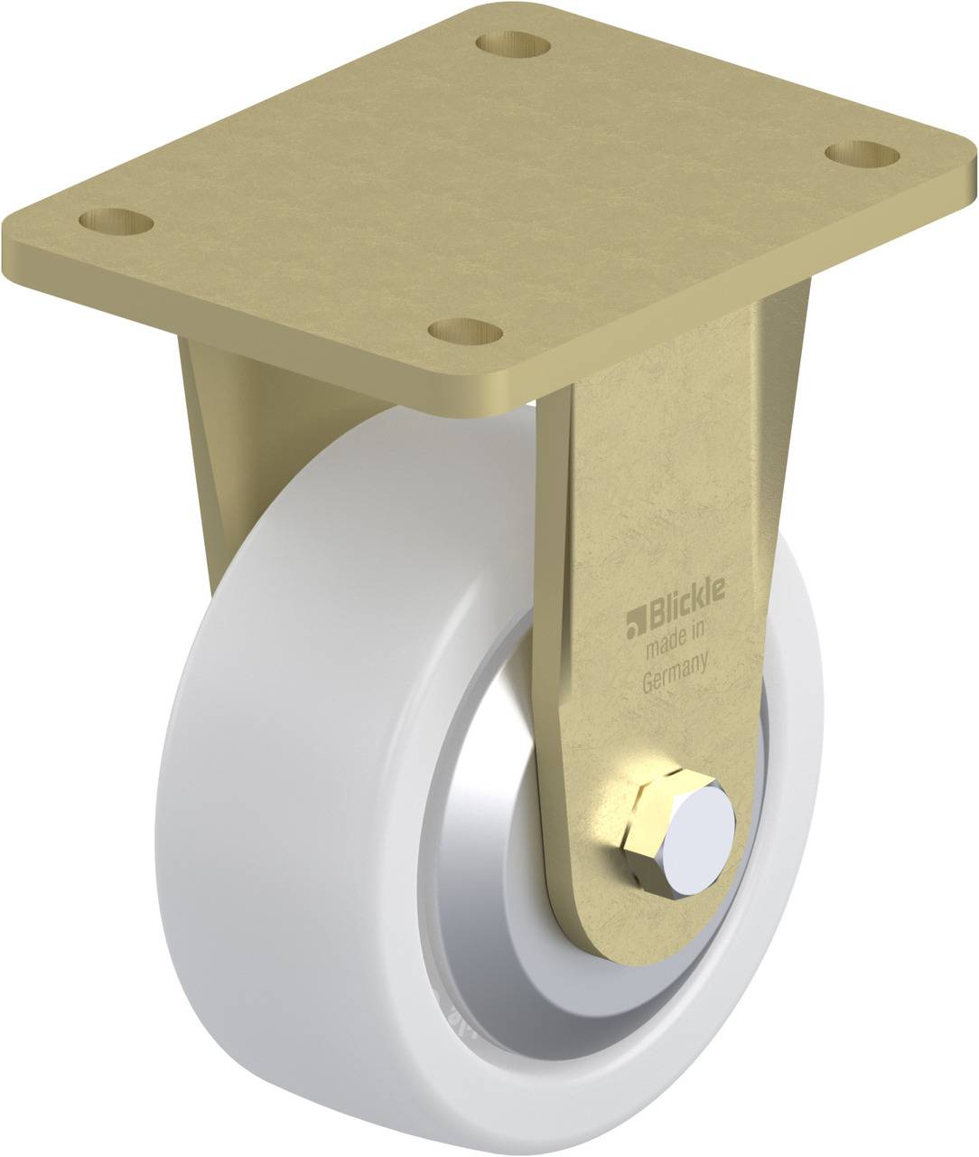 Industrie-Lenkrolle mit weißem Rad und gelber Halterung, hergestellt von Blickle in Deutschland.