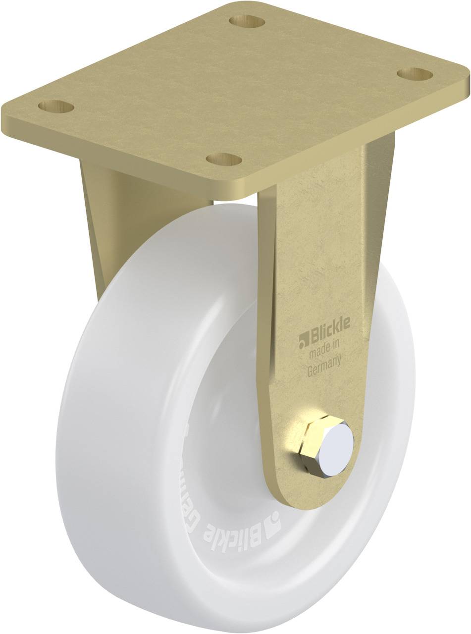 Schwenkrolle mit weißem Rad und rechteckiger Metallhalterung, Produkt von 'Blickle'. Ideal für Möbel oder Maschinen.