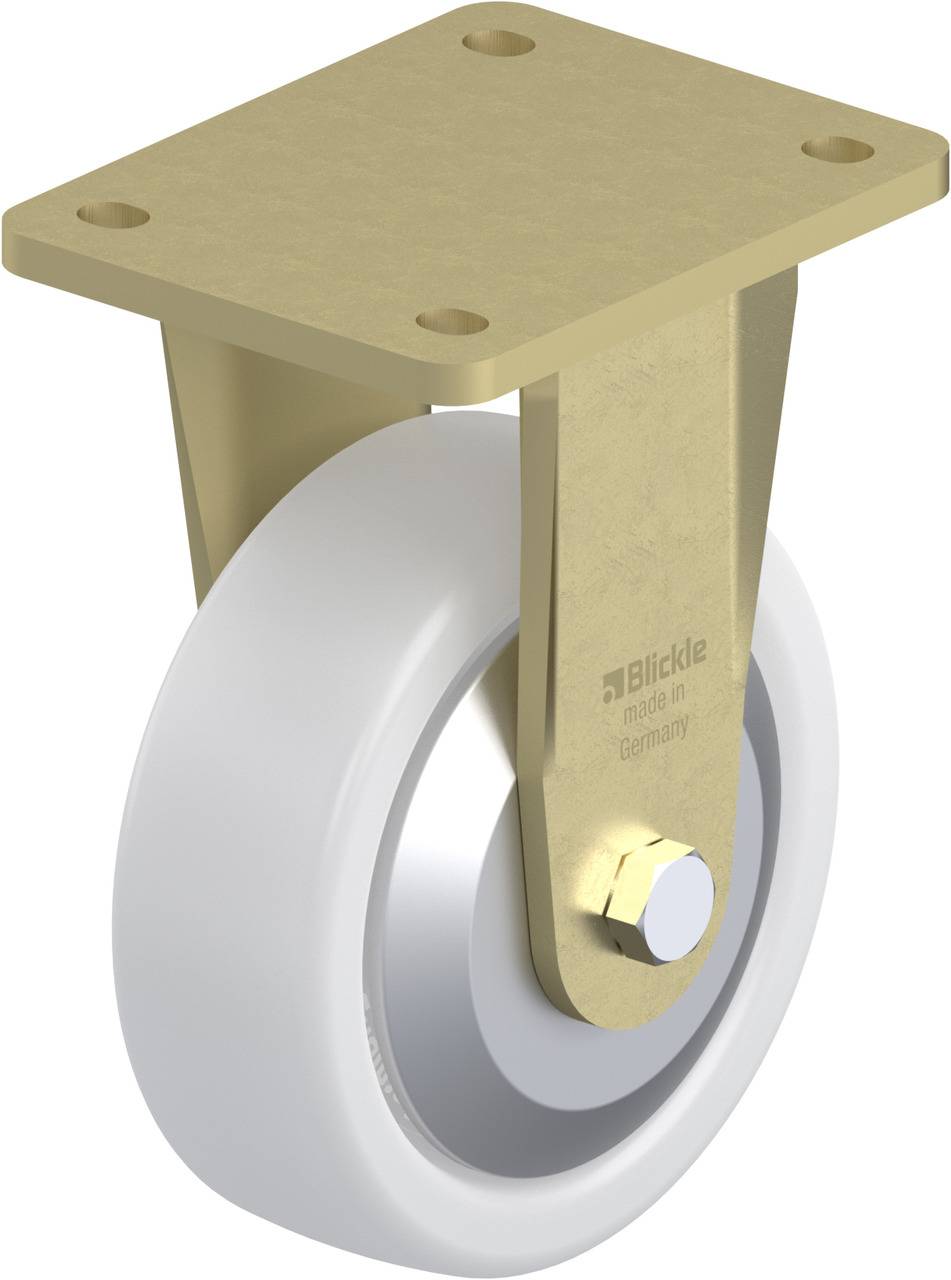 Schwenkbare Rolle mit Metallgehäuse und weißem Rad. Geeignet für Möbel- oder Apparatebau. Hochwertige Verarbeitung erkennbar.
