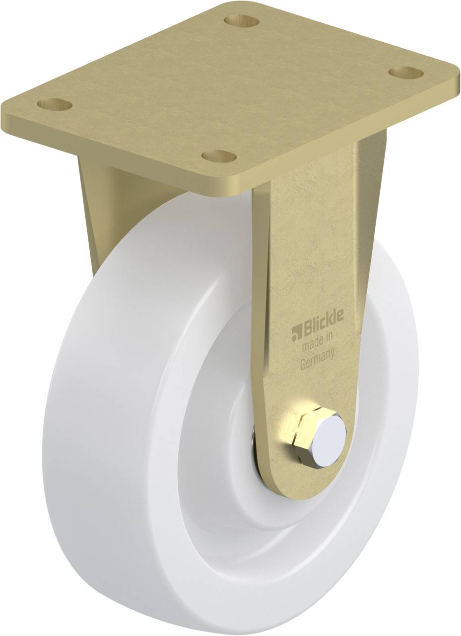 Schwenkrolle mit weißem Rad und goldener Halterung. Die Halterung trägt die Aufschrift 'Blickle made in Germany'.