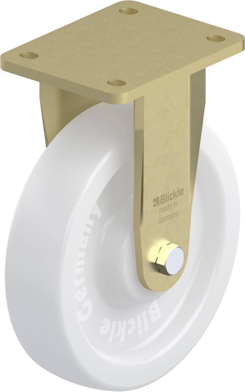 Ein weißes Rad mit goldener Halterung, auf der 'Blickle made in Germany' steht. Verwendet für Möbel oder Geräte.