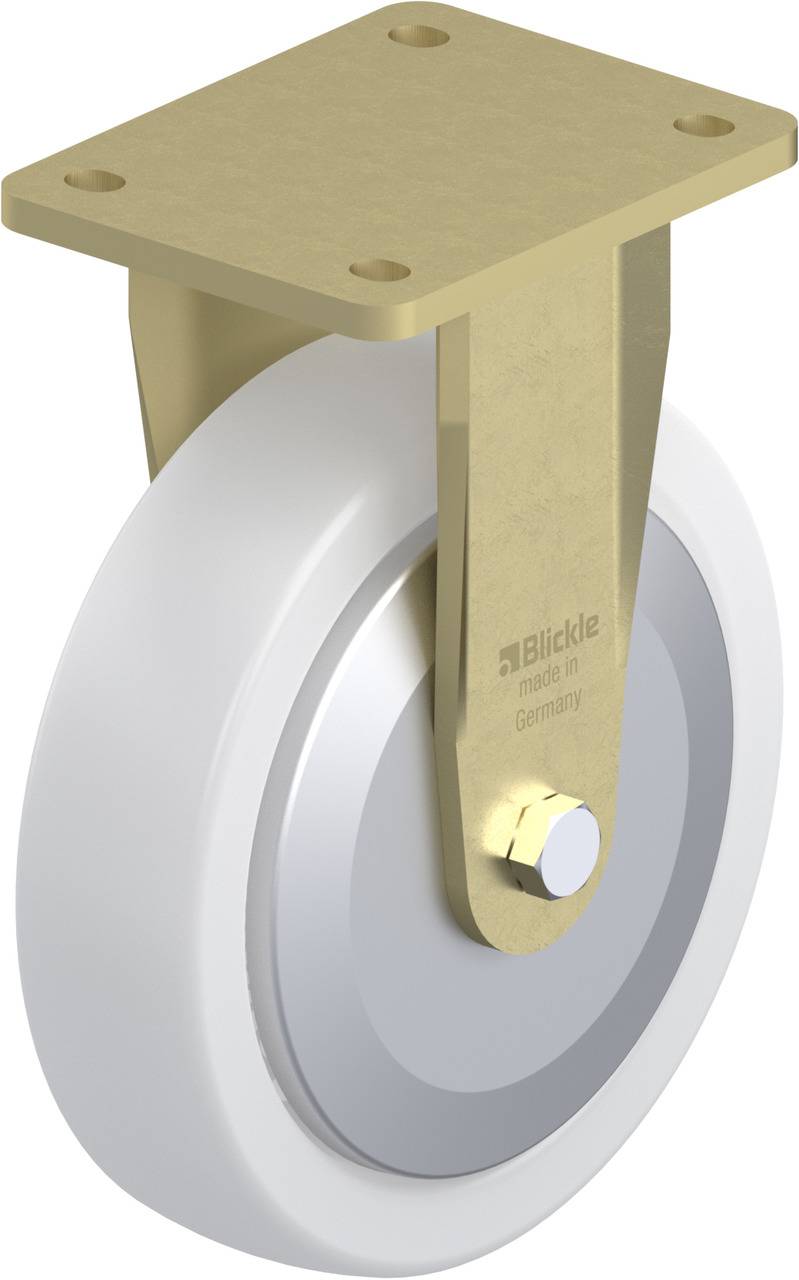 Ein drehbares Rad mit einer goldfarbenen Halterung und einer weißen Rolle, geeignet für den Einbau an Möbel oder Geräten zur Mobilität.