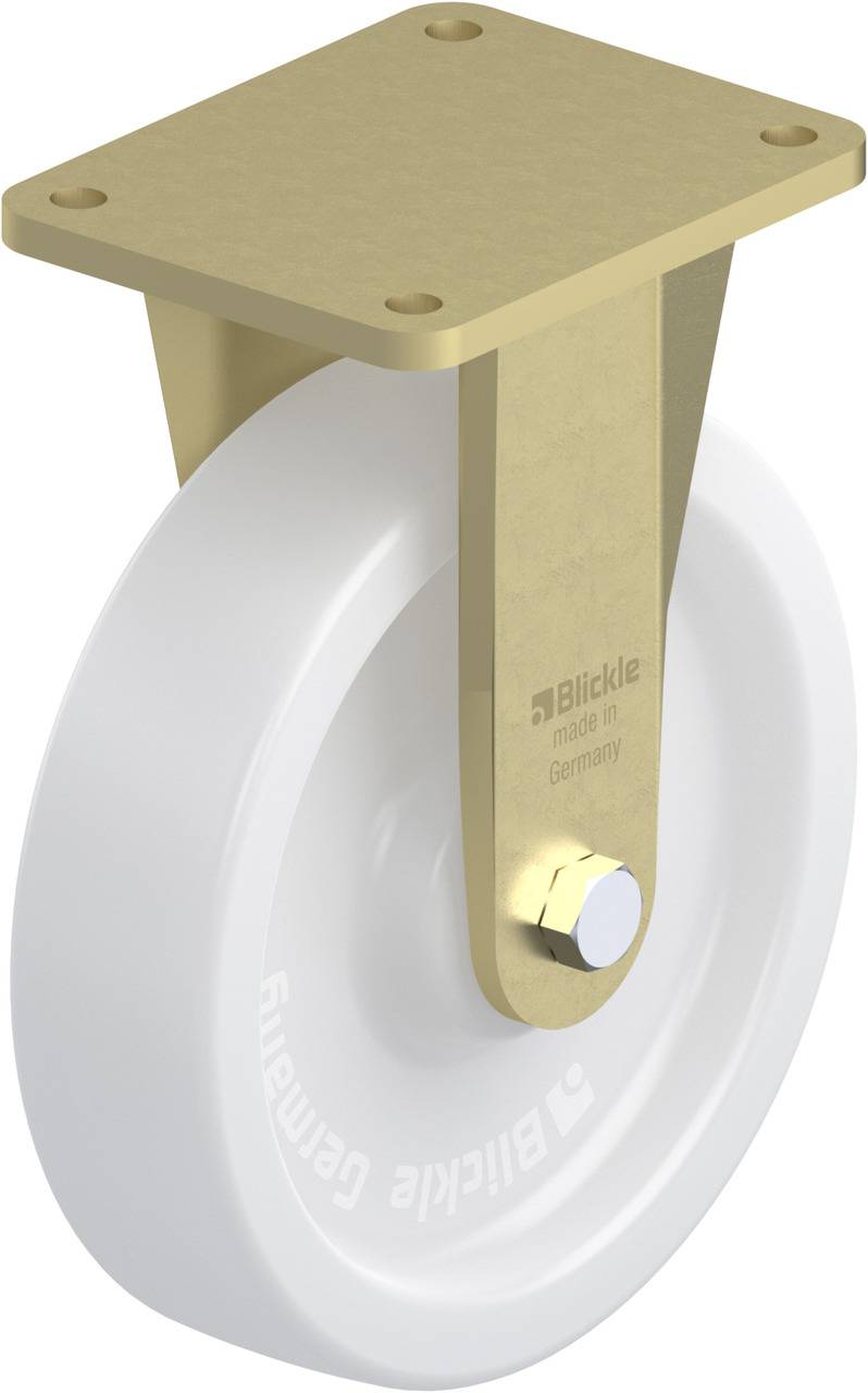 Laufrolle mit weißem Rad und goldfarbener Halterung, Marke 'Blickle' sichtbar. Nutzbar für Möbel oder Geräte zum einfachen Rollen.