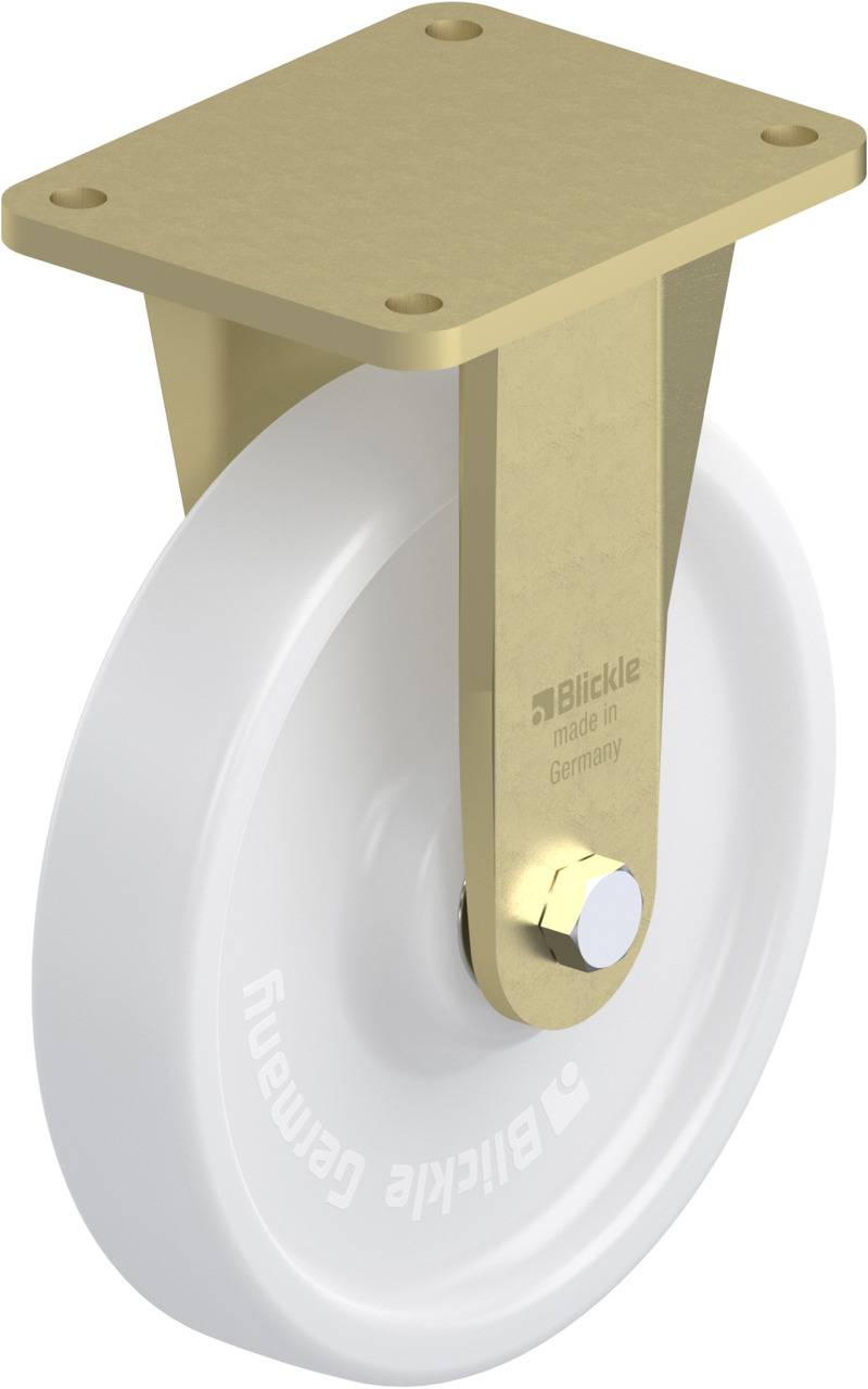 Weißes Rollenrad mit goldener Halterung, seitlich mit dem Schriftzug 'Blickle made in Germany' geprägt.