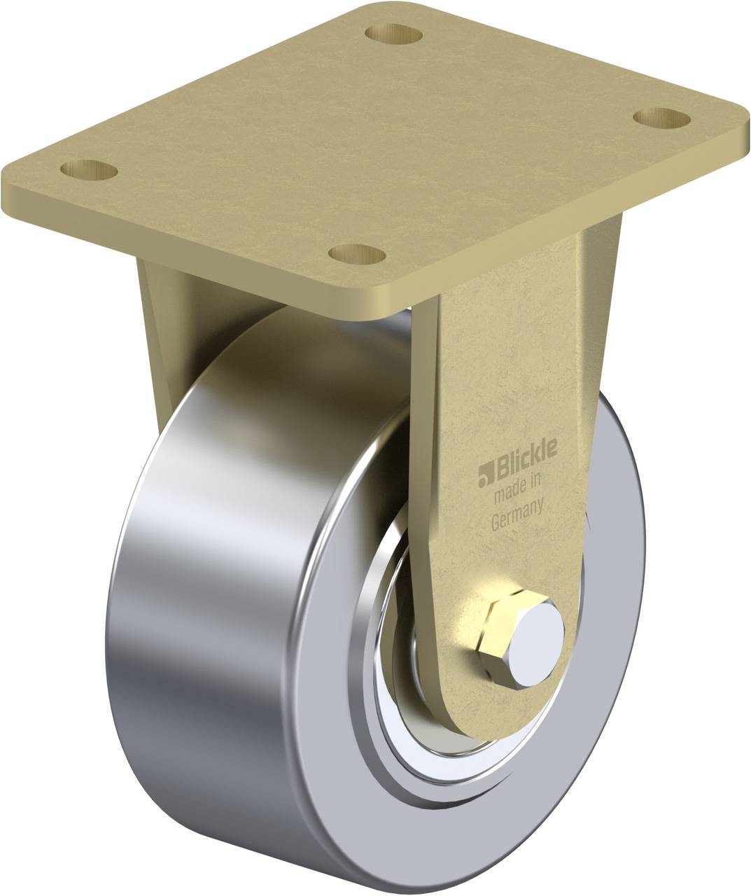 'Schwenkrolle mit Befestigungsplatte aus Metall, glänzendes Rad und Bolzen. Herstelleraufschrift: 