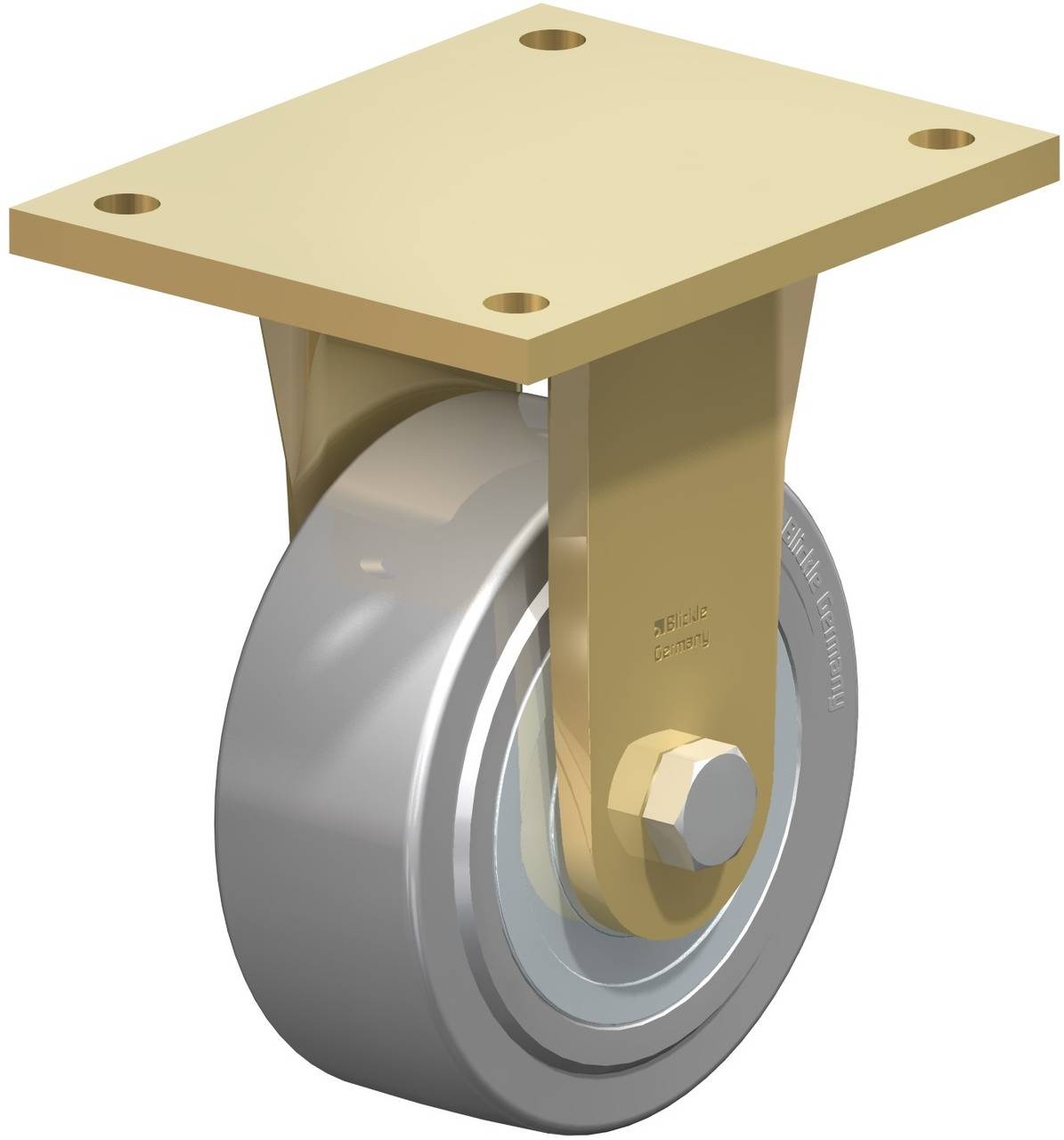 Metallisches Schwenkrad mit rechteckiger Montageplatte und Gummirad. Geeignet für den Einbau an Möbeln oder Geräten zur Mobilität.