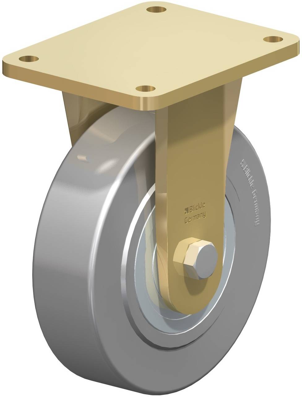 Ein goldfarbiges, drehbares Rad mit einer Metallhalterung, das für Transportgeräte oder Möbel verwendet werden kann.