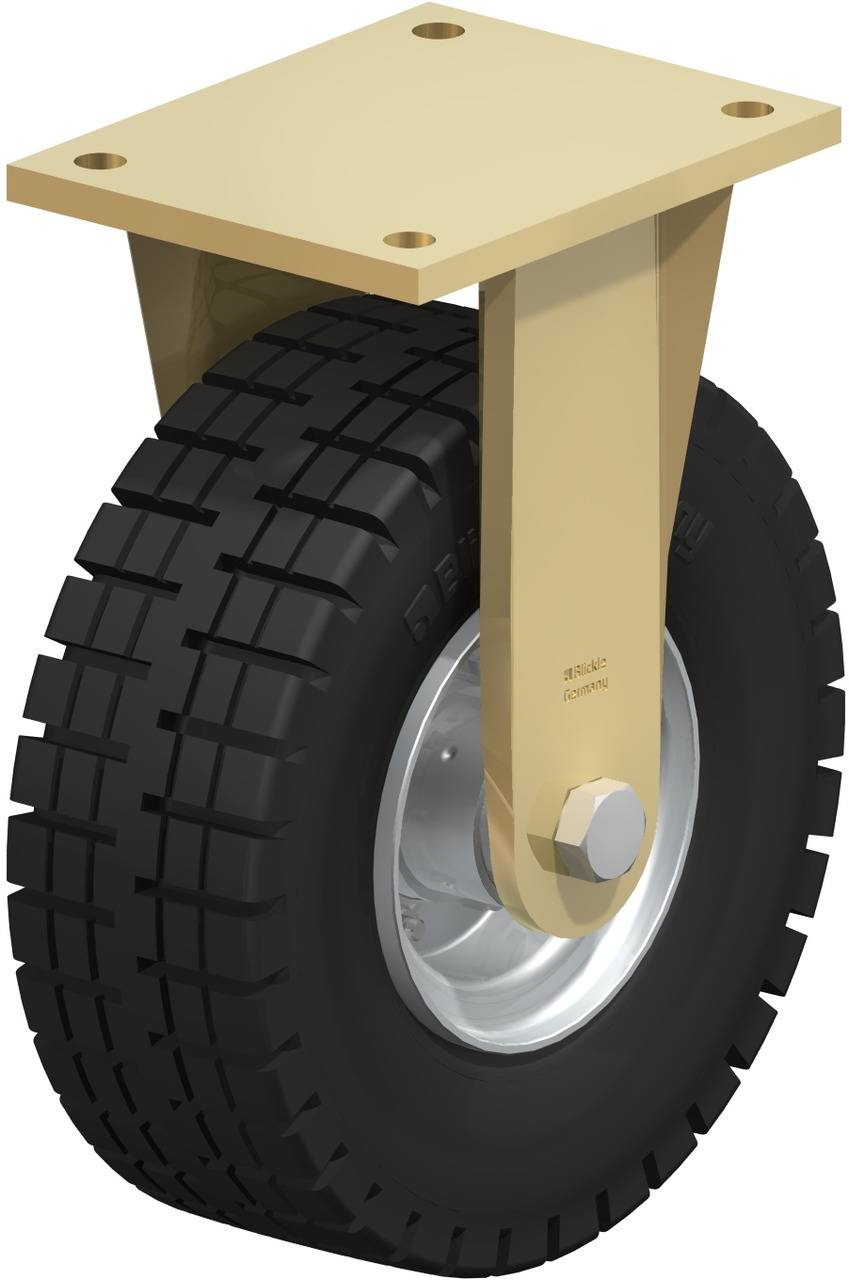 Industrielles Laufrollenrad mit schwarzem Profilreifen und beige Halterung für Transportzwecke. Geeignet für robuste Anwendungen.