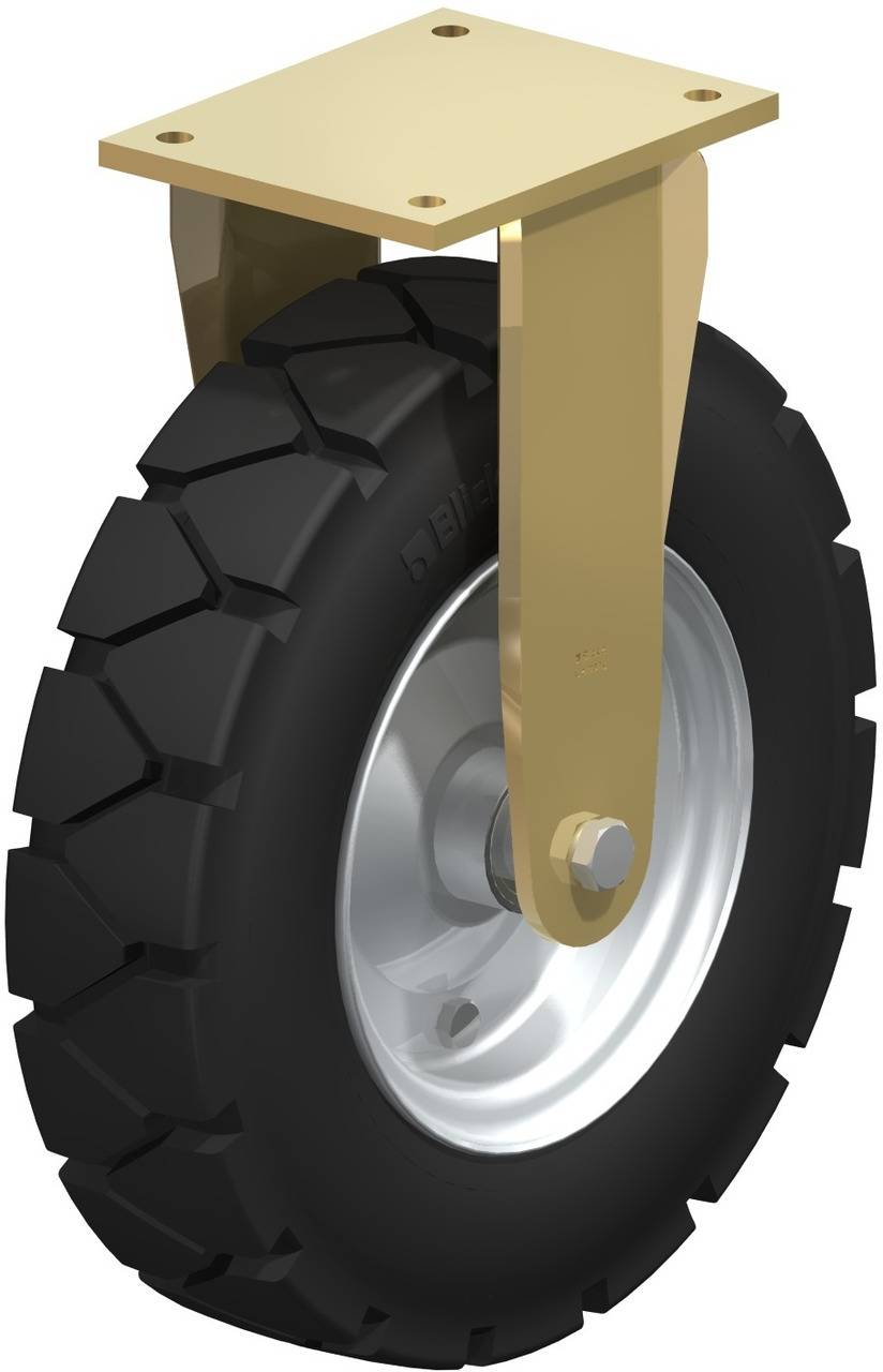 Schwenkrolle mit schwarzem, robustem Reifen und goldener Halterung, geeignet für schwere Lasten und industrielle Anwendungen.