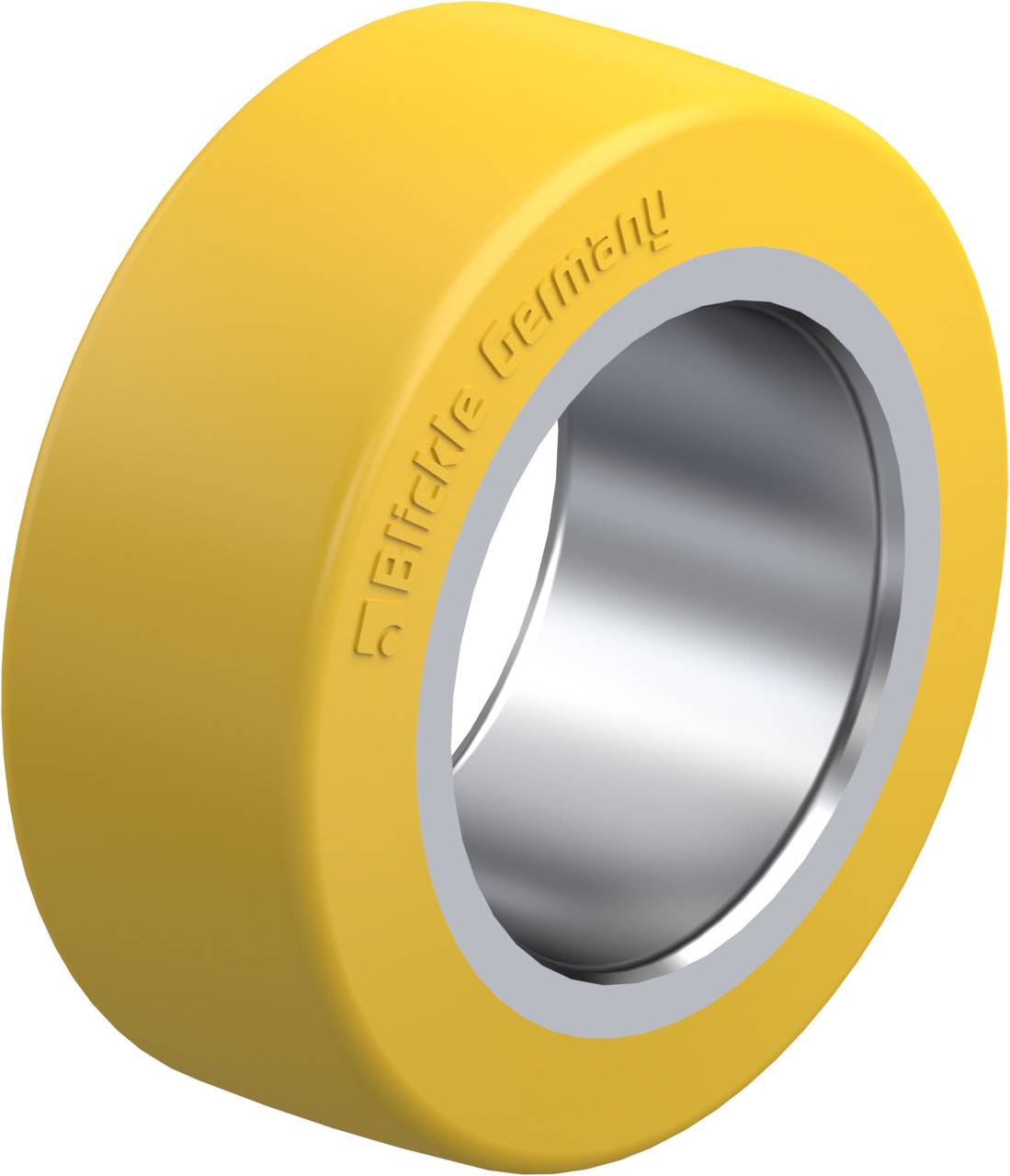 Ein gelbes Rad mit silbernem Innenstück, markiert mit der Aufschrift 'Effbe Germany' auf der Seite.