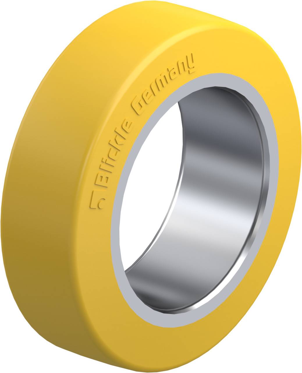 Gelbes, gummiertes Rad mit glänzender, metallischer Innenseite. In die Seite ist eingraviert: 'Perfekte Germany'.