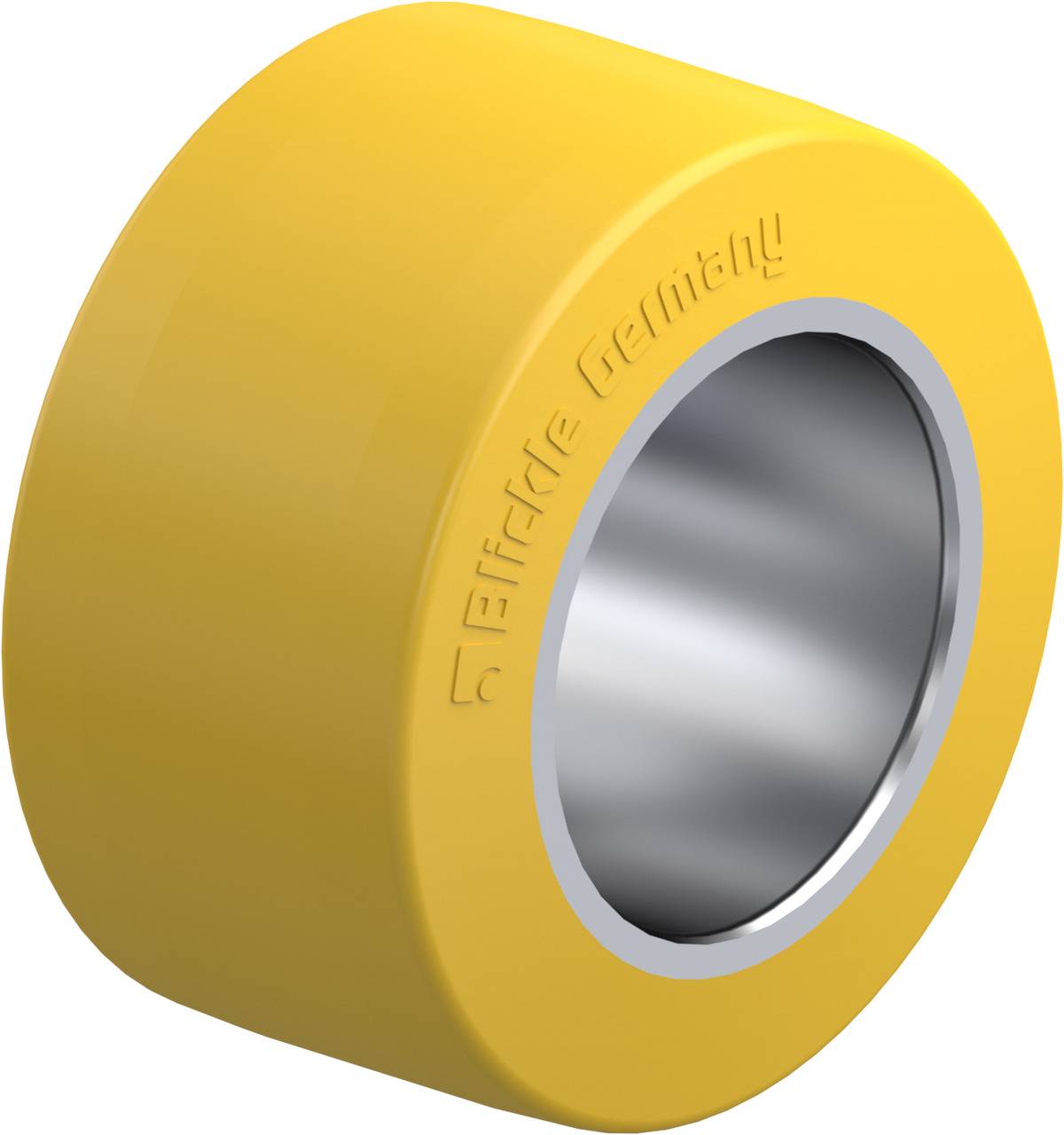 Gelbes Industrie-Rad mit Metalleinsatz, hergestellt in Deutschland, zeigt Robustheit und Qualität.